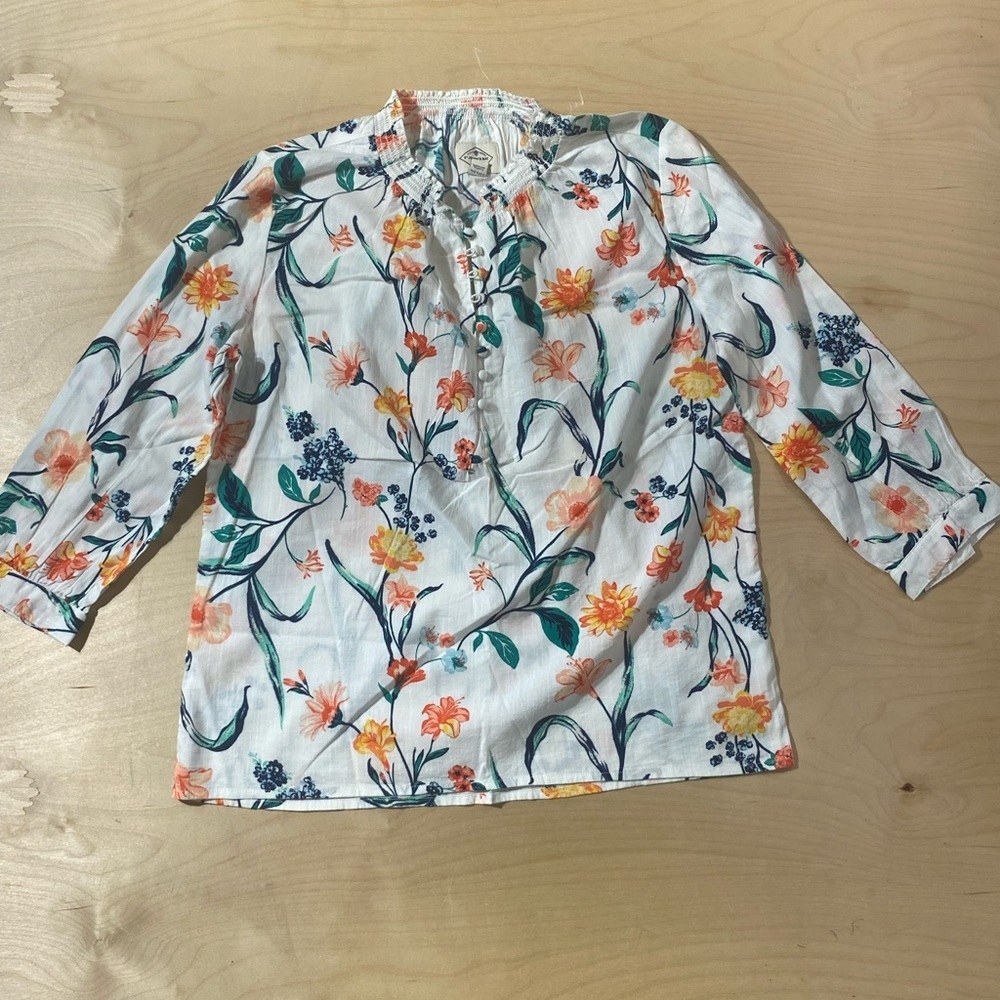 St. John's Bay Floral Blouse - Orange, Green, Blue on White PS (QS)